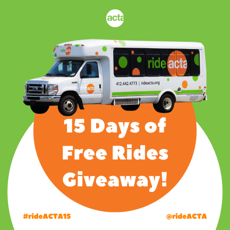 Graphic for rideACTA's '15 Days of Free Rides Giveaway!' against a green background with an orange and white circular overlay. A white shuttle bus with orange and green polka dots and the rideACTA logo is displayed at the top. Text reads, '15 Days of Free Rides Giveaway!' with the hashtag #rideACTA15 in the bottom left corner and @rideACTA in the bottom right corner.