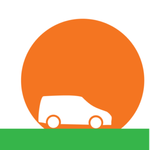 Graphic of a white car silhouette against an orange circle background, with a green rectangle at the bottom. The orange circle is centered on the green rectangle, giving the appearance of a setting sun behind the car.